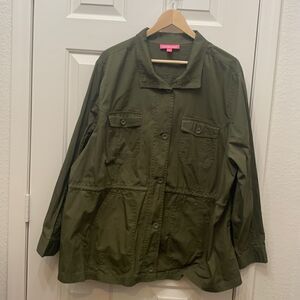 Woman Within Size 1X 💯 Cotton Army Green Fatigue Jacket  Adjustable Tie Waist